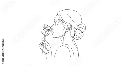 Elegant woman with hair up smelling a flower in a minimalist line art drawing with a white background