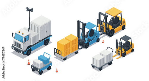 Isometric industrial vehicles forklifts and transport trucks in action