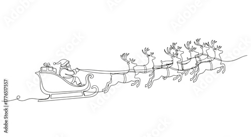 A continuous line drawing of santa claus riding in a sleigh pulled by eight reindeer in the sky