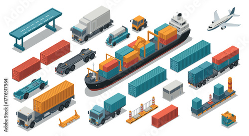 Isometric cargo transportation elements with ships, trucks, trains, and planes