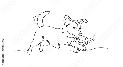 Continuous line drawing of a playful dog chasing a ball with its tail wagging joyfully on a field