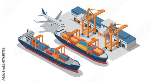 Isometric shipping port and transportation hub with cargo ships and airplane