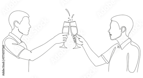 Two people toasting with champagne flutes drawn in a continuous line art style in black and white color