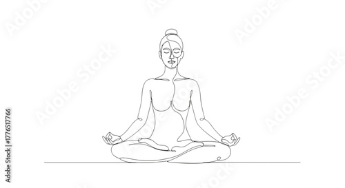 Continuous line drawing of a woman in lotus position meditating with eyes closed and hands in mudra pose