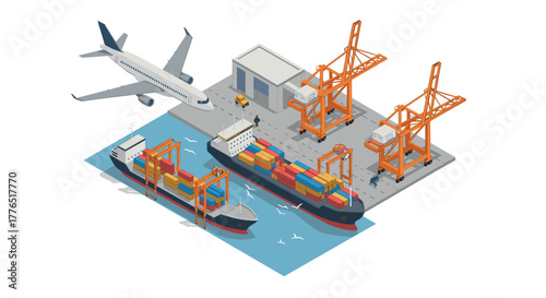 Isometric shipping port with airplane and cargo ship in vibrant colors
