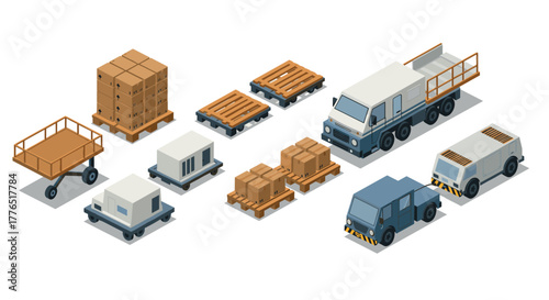 Isometric cargo trucks and pallets set for logistics and transport design