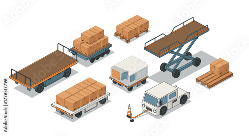 Isometric cargo transportation with trucks and trolleys in warehouse setting