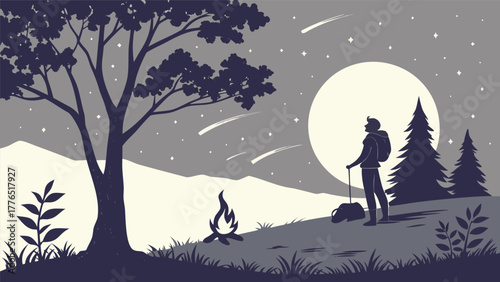 Silhouette of a lone hiker watching shooting stars under a large full moon at night