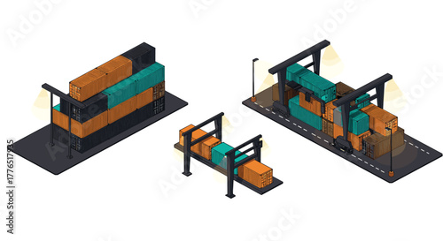 Isometric cargo containers and cranes at shipping yard