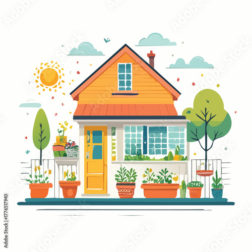 Charming House with Balcony Garden A Colorful Illustration of Home and Nature