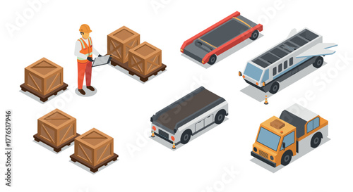 Isometric airport cargo handling equipment with worker managing crates