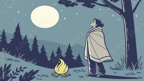Person wrapped in a blanket gazes at the full moon by a campfire in a dark forest at night