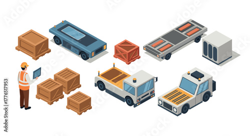 Isometric warehouse equipment collection with worker and cargo crates