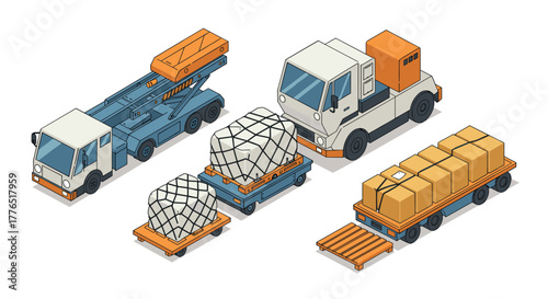 Isometric cargo truck and luggage equipment on white background