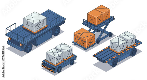 Isometric cargo transport vehicles with crates on airport tarmac