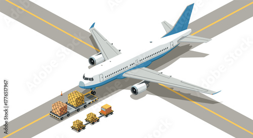Isometric cargo plane on runway with loading equipment for freight and logistics