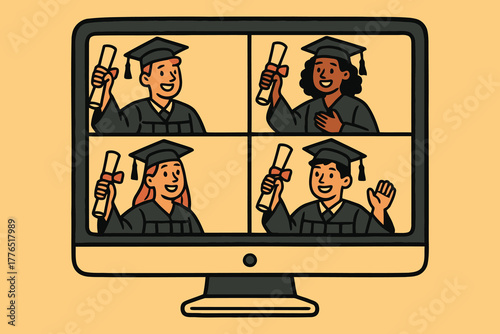 Diverse group of graduates celebrating graduation ceremony online via video call