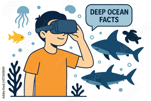 Boy wearing virtual reality headset exploring deep ocean marine life facts