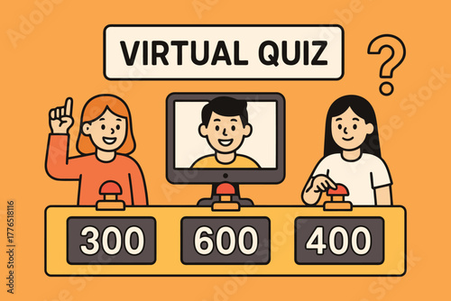 Two people playing a virtual quiz game on a computer screen with scores