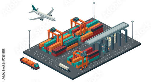 Modern isometric port with cargo transport and airplane in motion