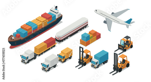 Isometric transport vehicles set cargo ship, airplane, trucks, and forklifts