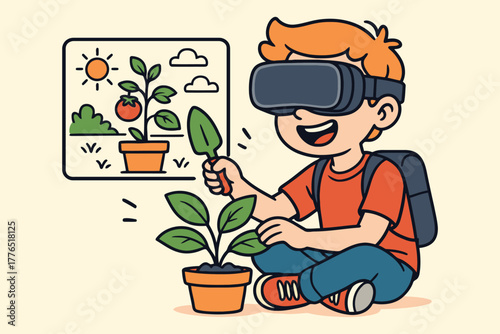 Young boy wearing vr headset learns about plant growth in virtual reality simulation