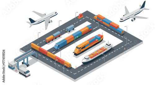 Isometric transport hub with airplanes, trains, trucks, ships, and cargo containers