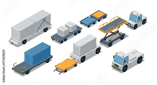 Isometric airport ground support vehicles set for logistics and transportation