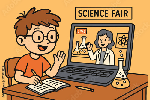 Young boy participating in a virtual science fair from home on his laptop