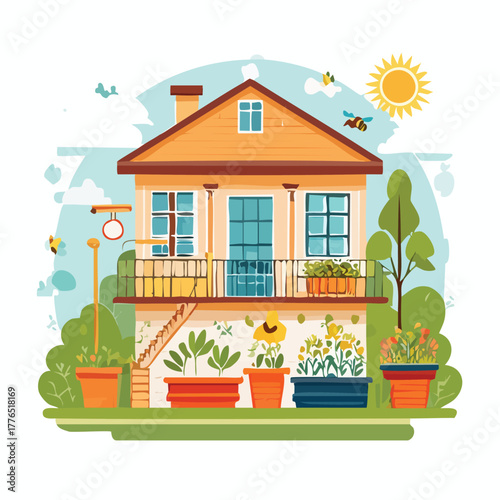 Whimsical house illustration featuring a lush garden, potted plants on a balcony, and cheerful outdoor elements for sustainable living