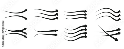 Set of arrow flow air icon set. Wind direction arrow symbol. Transparent background vector 