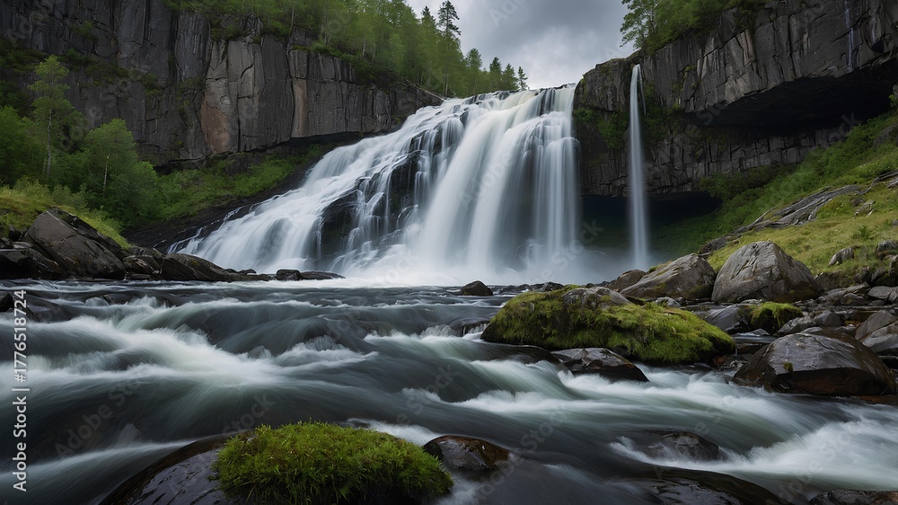 Obraz premium Steinsdalsfossen (Norway) - World Waterfalls highlights its unique behind-the-fall pathway and misty curtain, capturing serene Nordic landscapes and the enchanting atmosphere surrounding this iconic