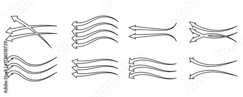 Set of black and arrow showing air or wind flow. Air conditioner direction. Isolated on white background .