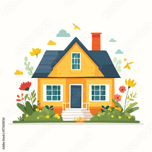Charming yellow house surrounded by lush green plants and colorful flowers under a bright blue sky with playful clouds