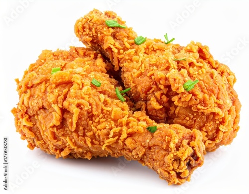 Close-up of two crispy fried chicken drumsticks with a golden crust, garnished with fresh herbs on a white background.