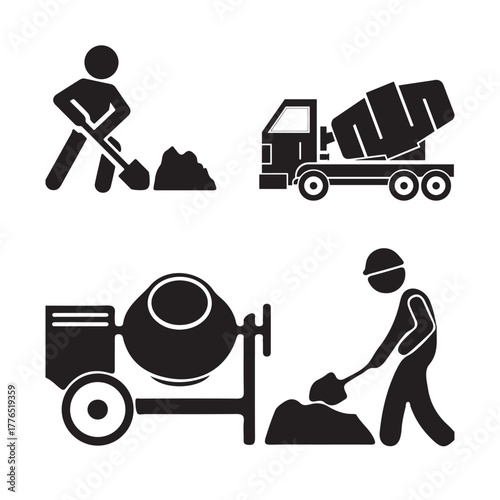 Construction worker and concrete mixer vector illustration