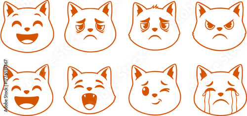 Cute cats faces. Cat heads emoticons, kitten face expressions. Happy smiling, sad, angry and wink cat vector illustration. Animal cartoon characters laughing and crying. Hand drawn emoji feelings