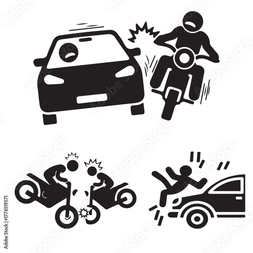 Car and motorcycle road accident safety icons vector set