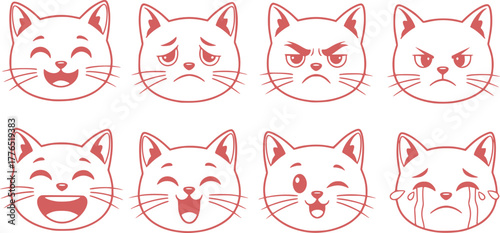 Cute cats faces. Cat heads emoticons, kitten face expressions. Happy smiling, sad, angry and wink cat vector illustration. Animal cartoon characters laughing and crying. Hand drawn emoji feelings