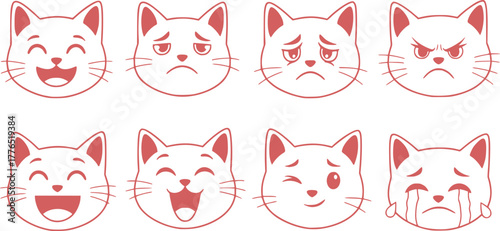Cute cats faces. Cat heads emoticons, kitten face expressions. Happy smiling, sad, angry and wink cat vector illustration. Animal cartoon characters laughing and crying. Hand drawn emoji feelings