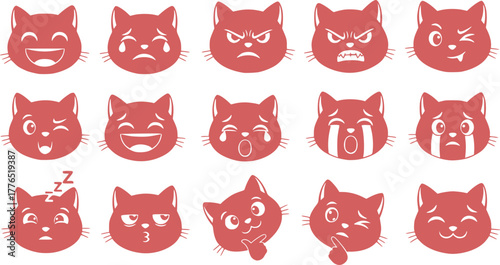 Cute cats faces. Cat heads emoticons, kitten face expressions. Happy smiling, sad, angry and wink cat vector illustration. Animal cartoon characters laughing and crying. Hand drawn emoji feelings