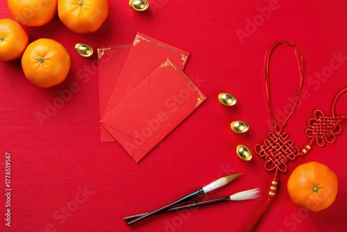 Festive red scene with oranges, envelopes, coins, knots, and brushes