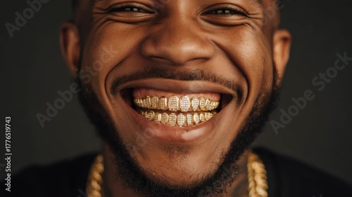 Bright smile and shining teeth showcase unique gold grill style with urban vibes in this striking portrait