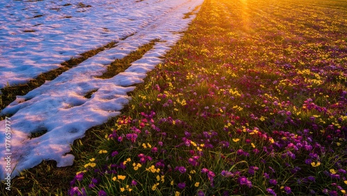 Spring blooms amidst melting snow, sunlit field. Transition of seasons depicted
