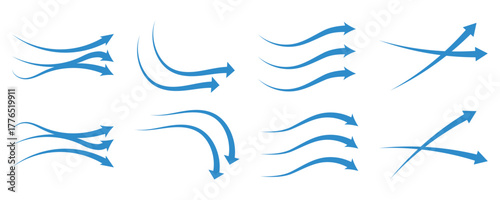 Air flow arrows. Blue cold wind stream, fresh water direction, filter and conditioner system infographic transparent movement and rotation elements. Vector arrow icons set
