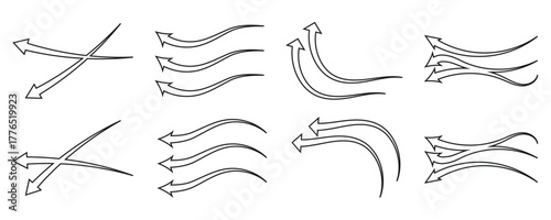 Set of black and arrow showing air or wind flow. Air conditioner direction. Isolated on white background .