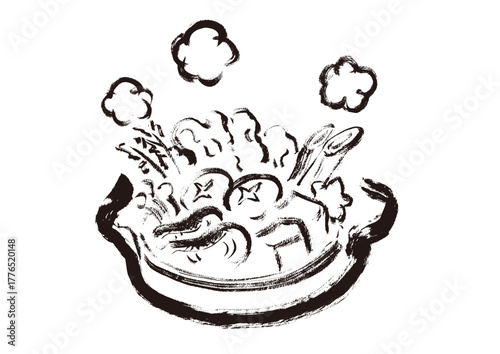 鍋物　和風筆書きイラスト　モノクロ