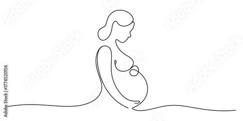 Continuous line drawing of a pregnant woman silhouette holding belly