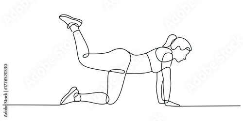 Continuous line drawing of a woman doing donkey kick exercise