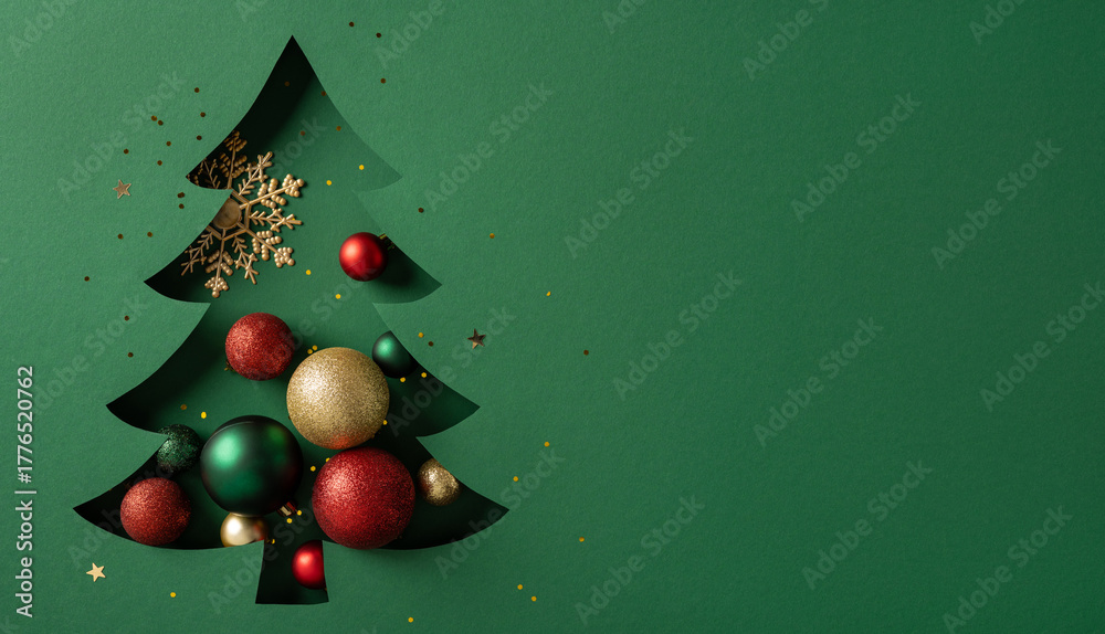 Fototapeta premium A green silhouette Christmas tree decor filled with red, green, and gold baubles and a gold snowflake accent. Perfect for holiday greeting and New Year themes, festive atmosphere, warm celebration